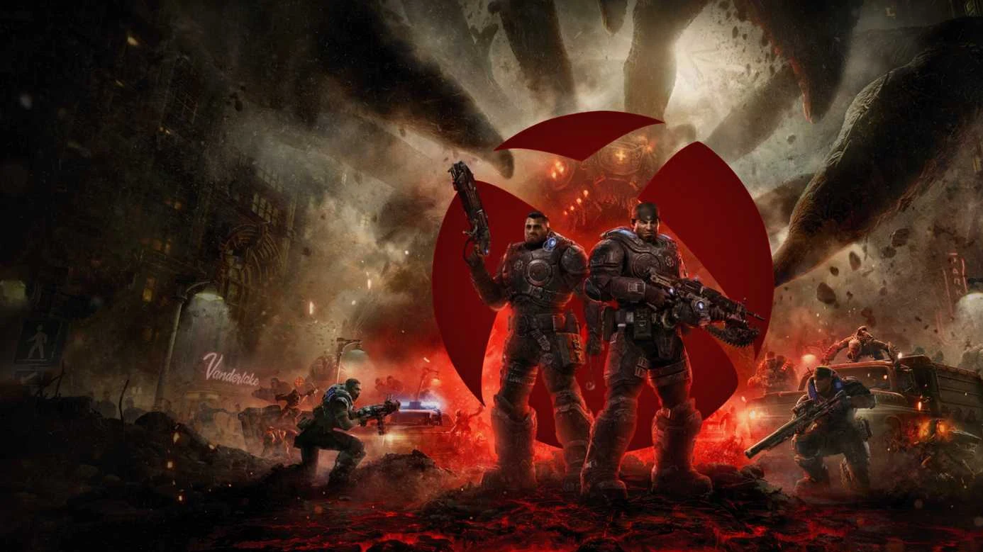 gears of war e day characters standing in front of an xbox logo