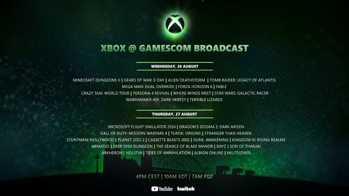 Xbox @ Gamescom 2026 broadcast artwork listing the two show dates and featured games