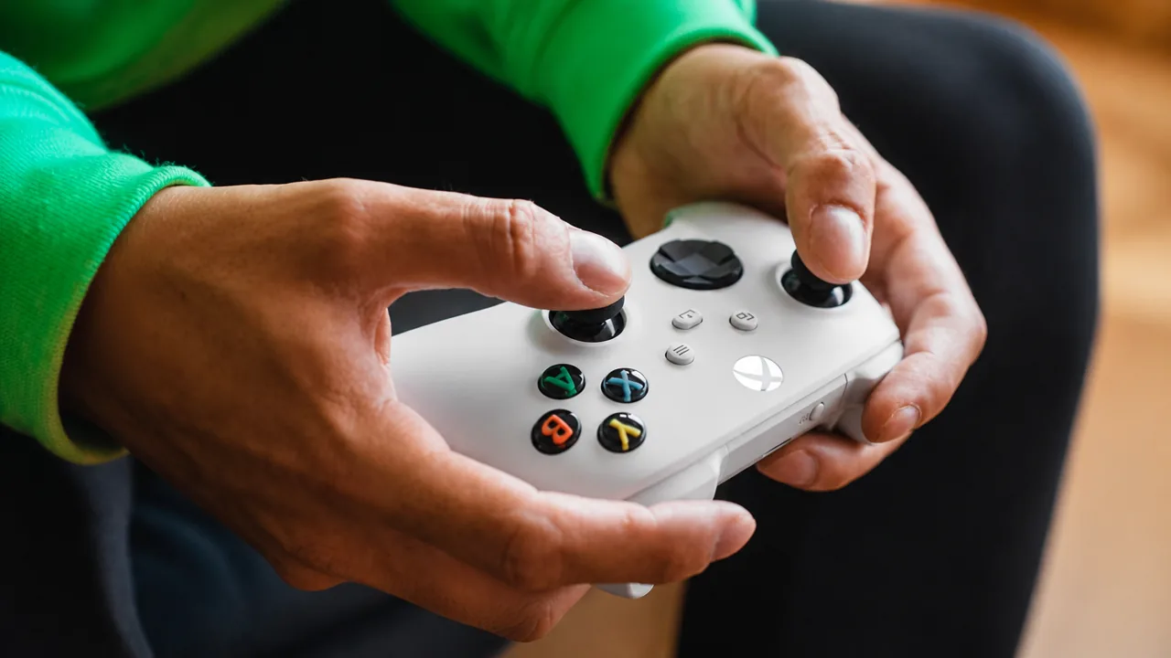 Close up of a white Xbox controller behind held by someone in a green top