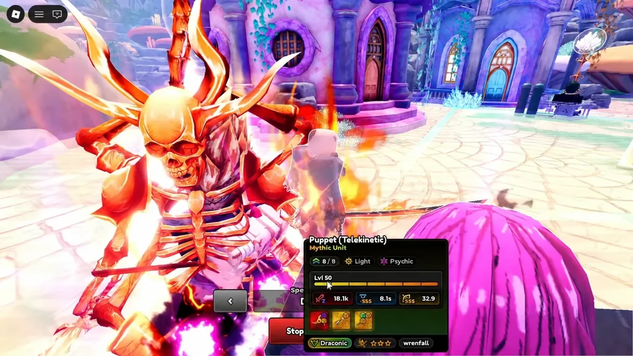 Unit information panel open mid-match showing level, stats, abilities and traits