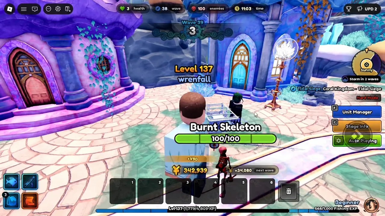 Tidal Siege wave in progress with a Burnt Skeleton at full health on the path