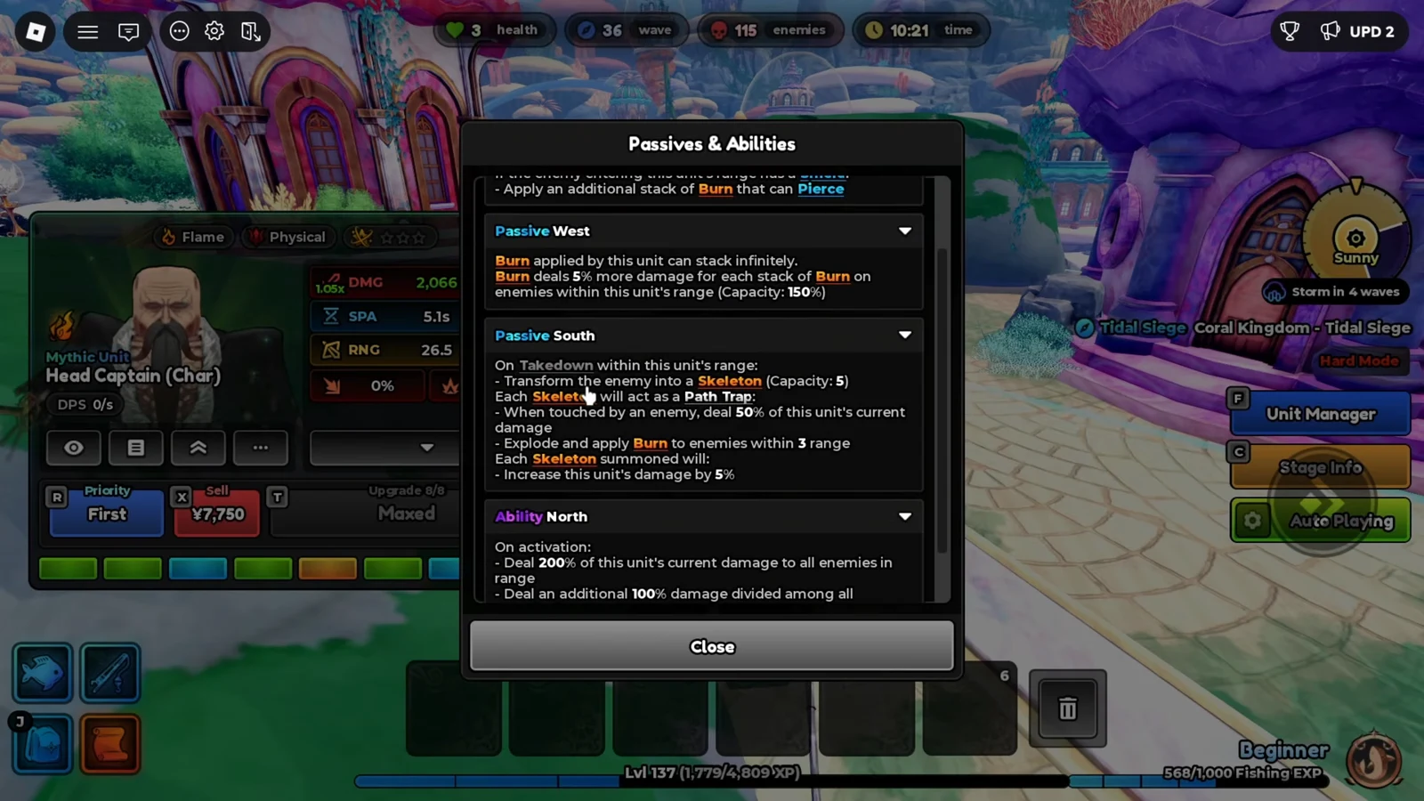 Passives and Abilities window listing Passive West, Passive South and Ability North