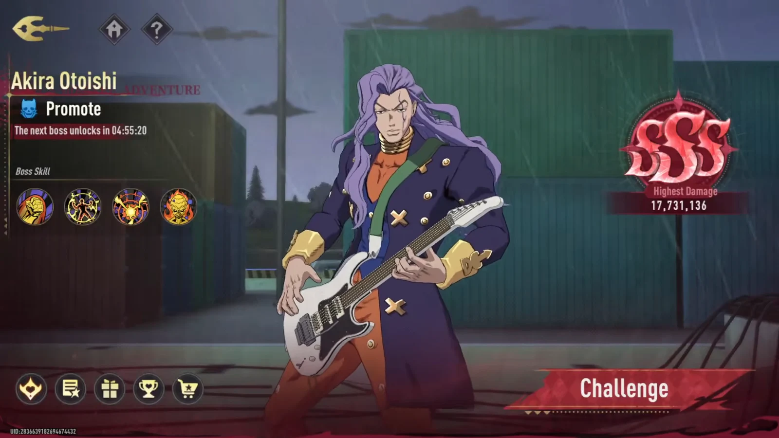 Akira Otoishi boss screen listing boss skills with the Challenge button ready