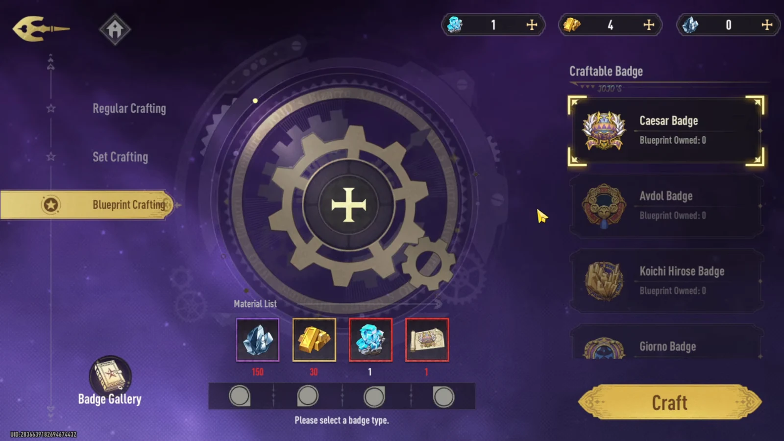 Blueprint Crafting tab showing a badge's required materials and the Craft button
