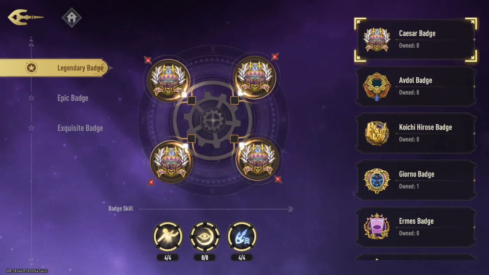 Legendary Badge screen with four badge slots and the Badge Skills panel listing set effects