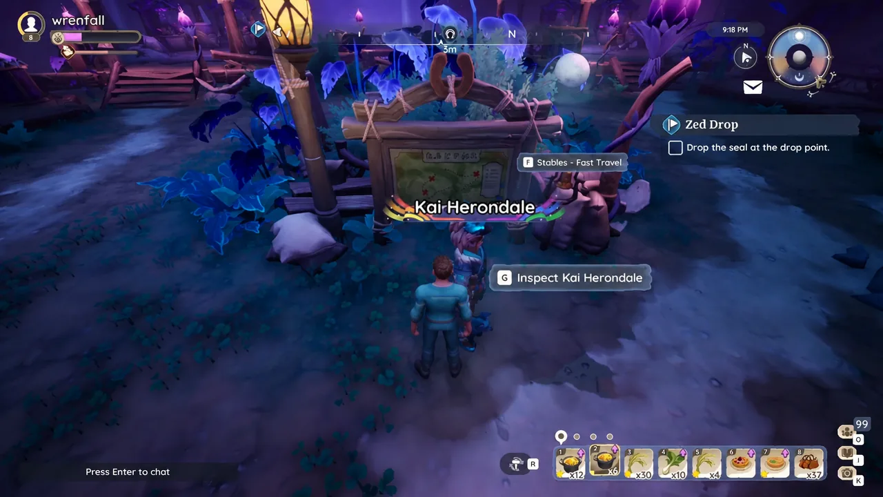 Zed Drop objective panel on screen in Elderwood with an inspect prompt for a nearby player