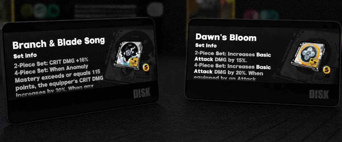 Drive Disc Set Info screen comparing Branch and Blade Song against Dawn's Bloom set bonuses