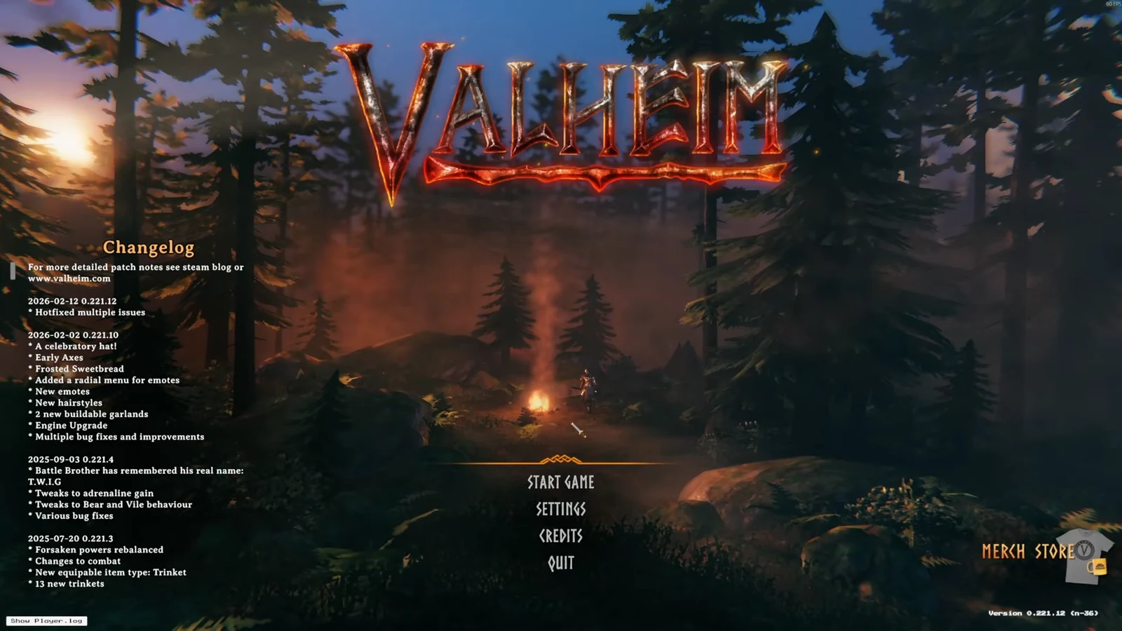 Valheim main menu with the Start Game option ready to select