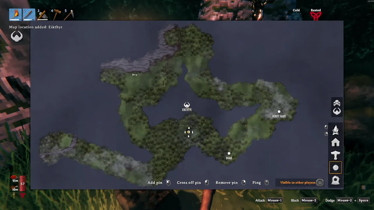 Valheim map screen with the Eikthyr altar marker highlighted while placing a custom pin