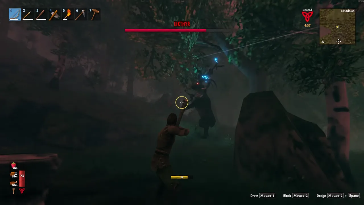 Player aiming a weapon at Eikthyr during the boss fight with attack and dodge prompts on screen