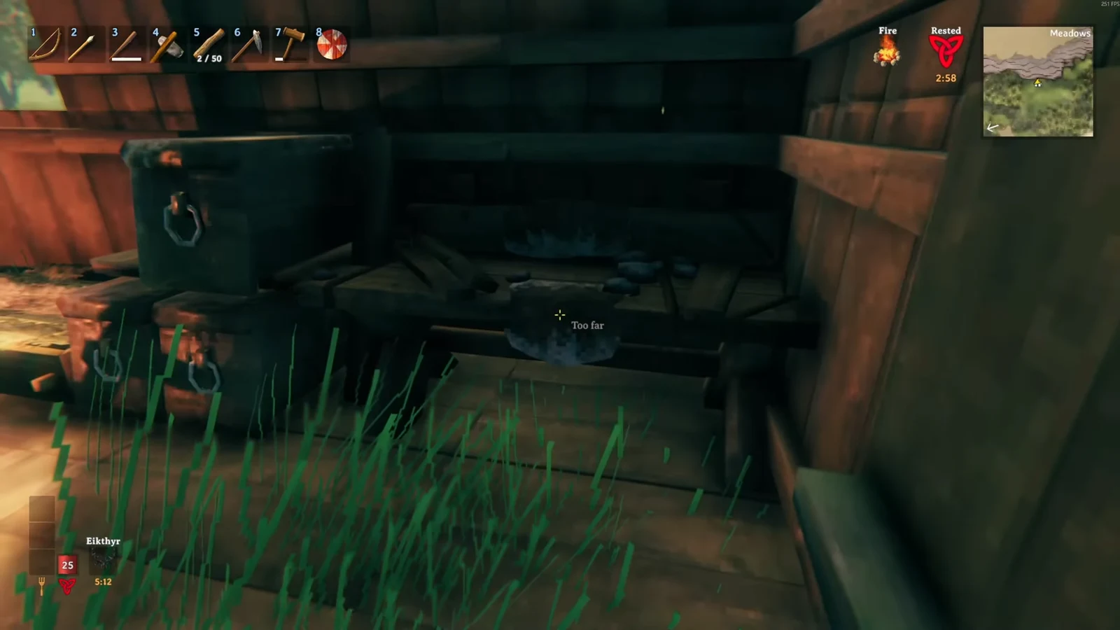Crosshair on a smelter with the Too far message showing the player is out of range