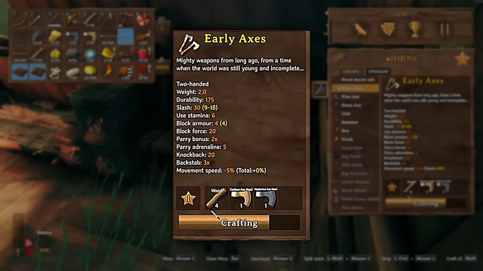 Early Axes recipe in the workbench menu showing the two axe heads and wood required