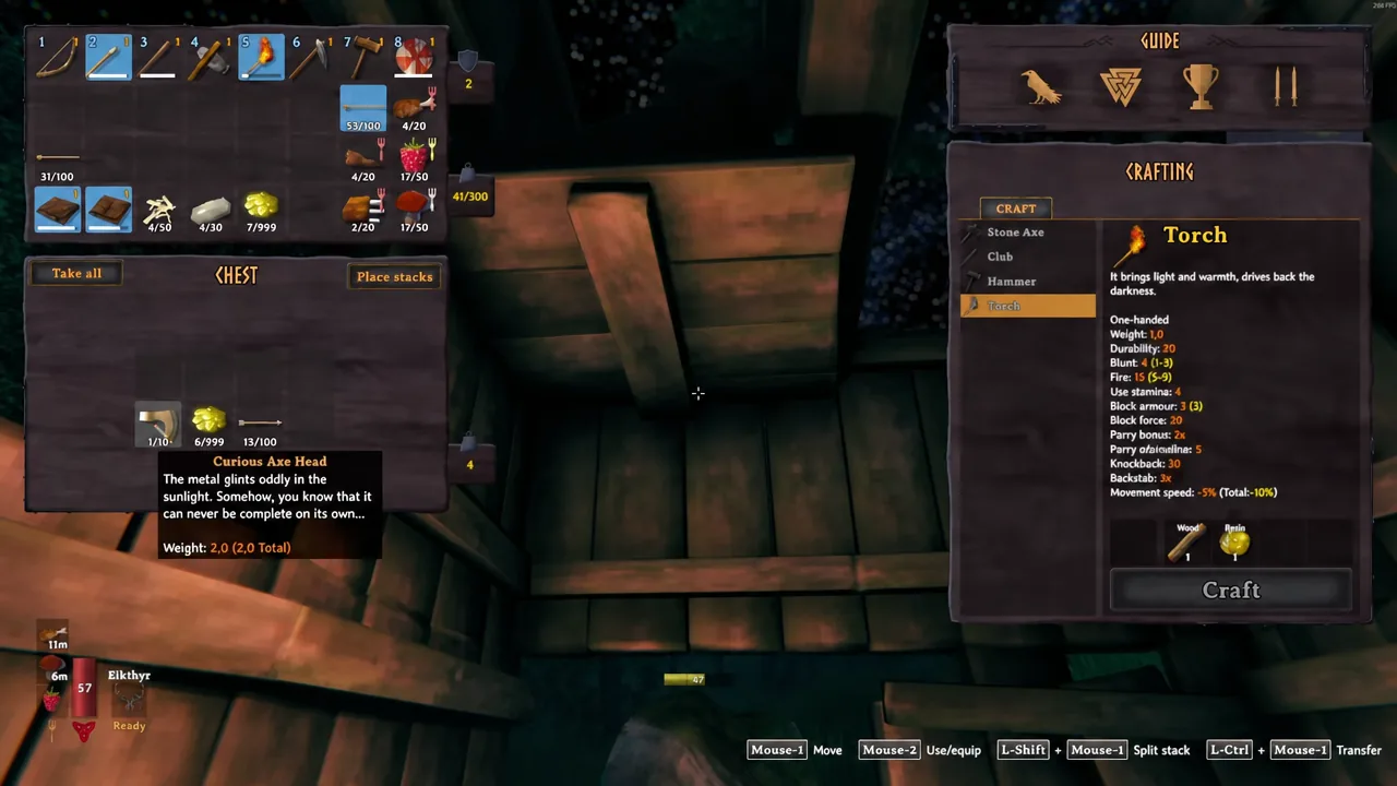 Workbench crafting list with the Torch entry selected and the Craft button visible