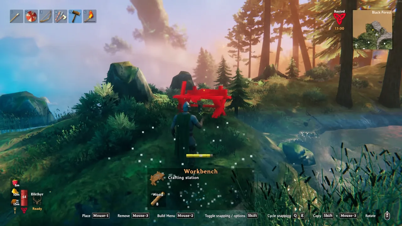 Workbench selected in the Valheim build menu with its red placement preview on the ground