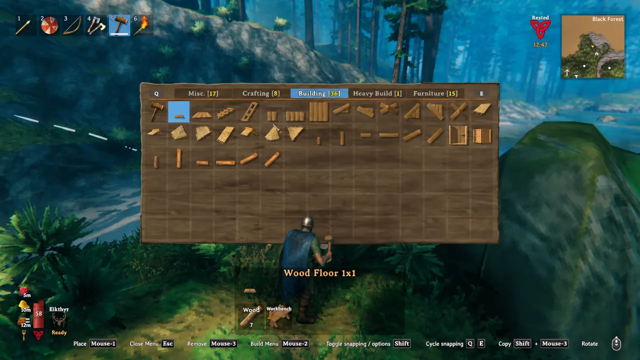 Valheim building menu open with the Wood Floor 1x1 piece highlighted before placement