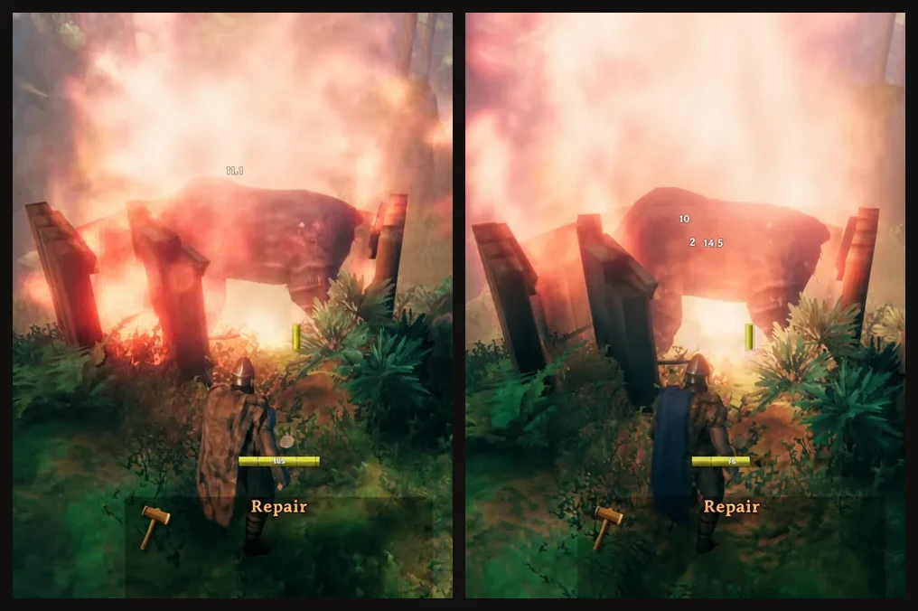 Two Valheim screenshots side by side showing the Repair prompt aimed at a campfire during the trap fight
