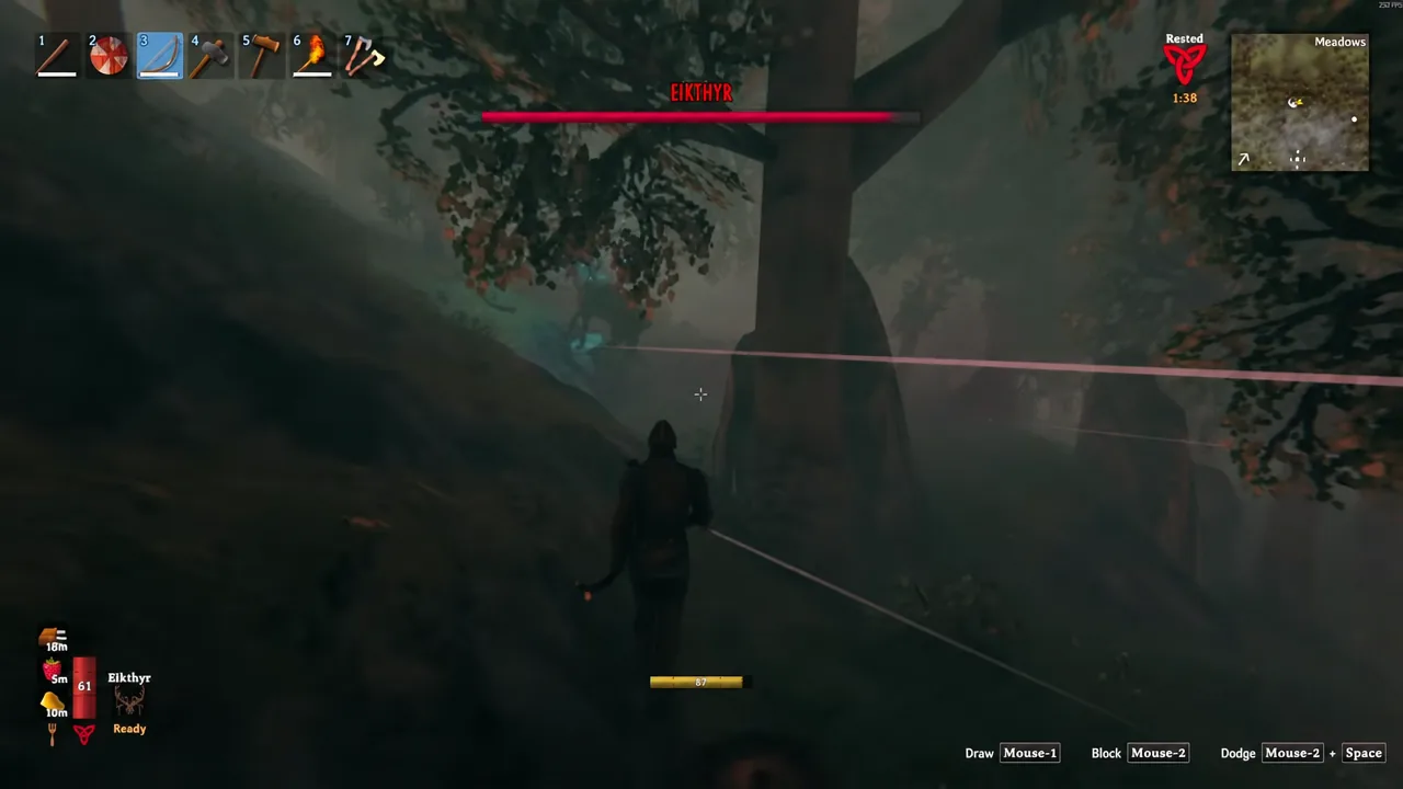 Kiting Eikthyr around the altar pillars with hotbar slot 3 selected mid-fight