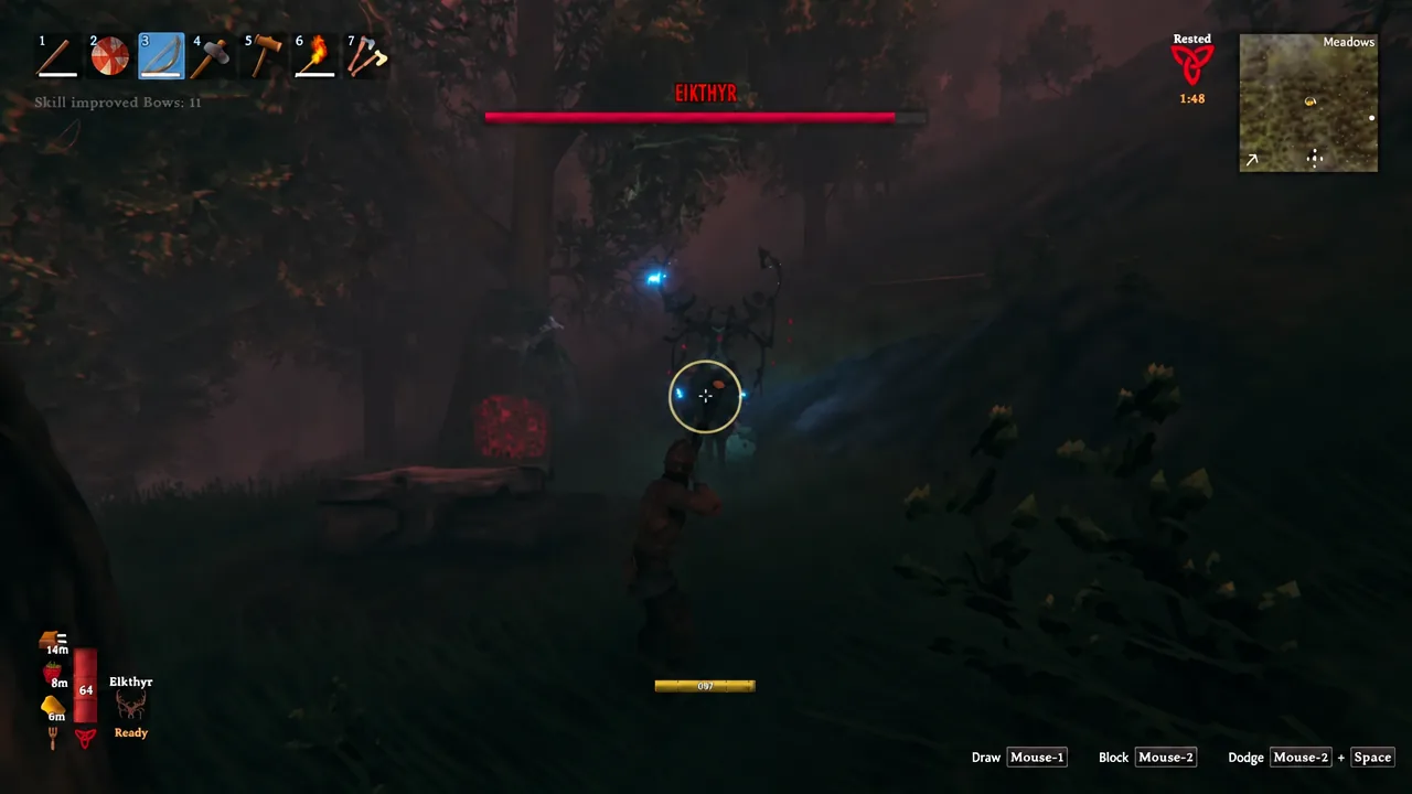 Player aims a drawn bow at Eikthyr during the boss fight with the red boss health bar on screen