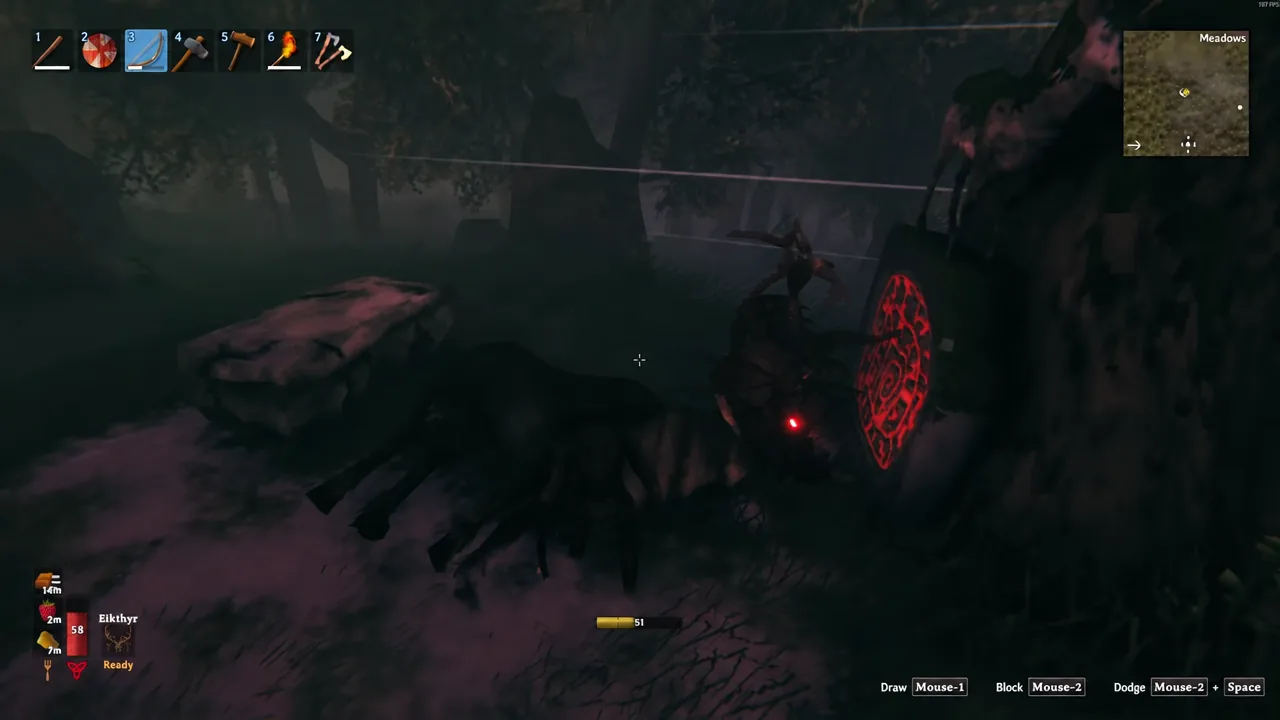 Player draws an equipped bow from hotbar slot 3 while lining up a shot on a target in the Meadows