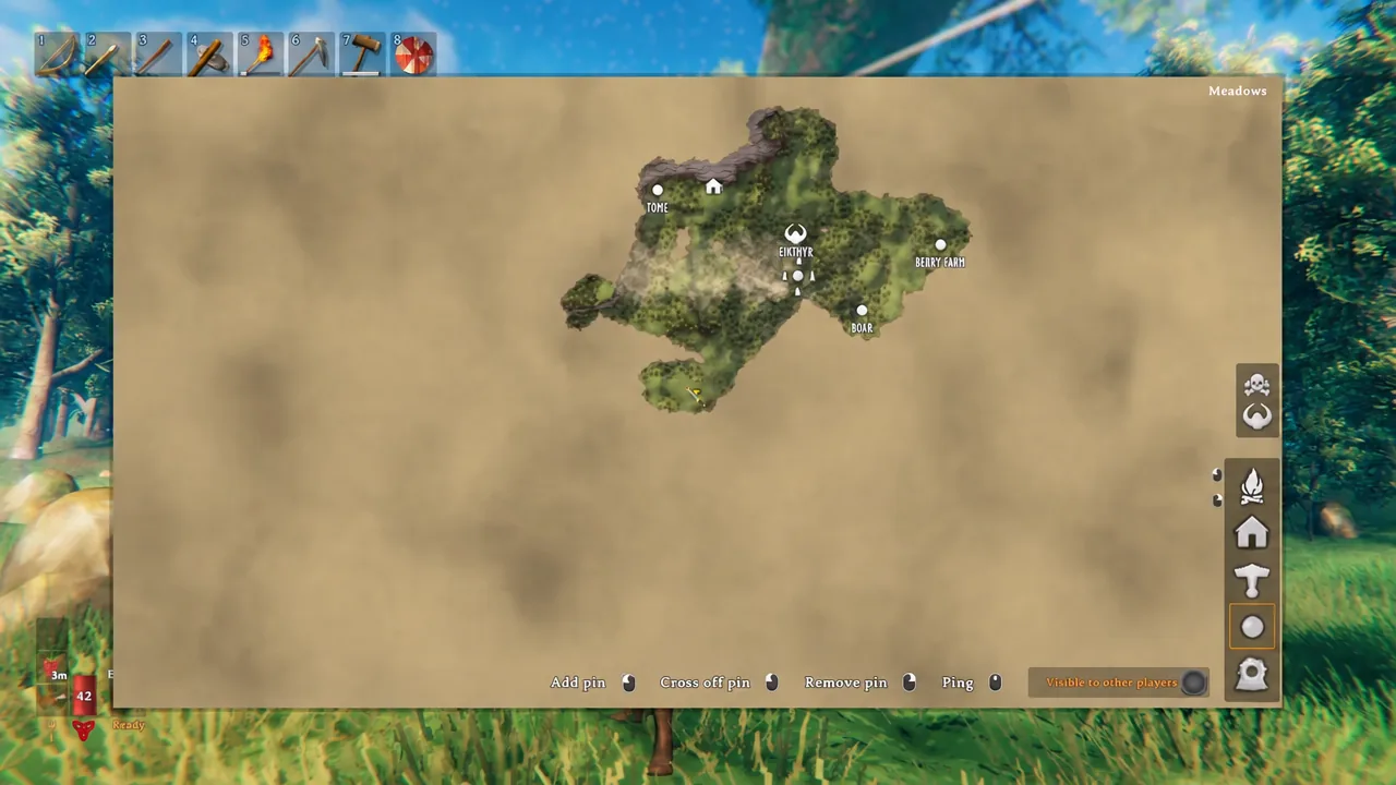 Valheim map screen showing the Meadows biome with the map marker button highlighted