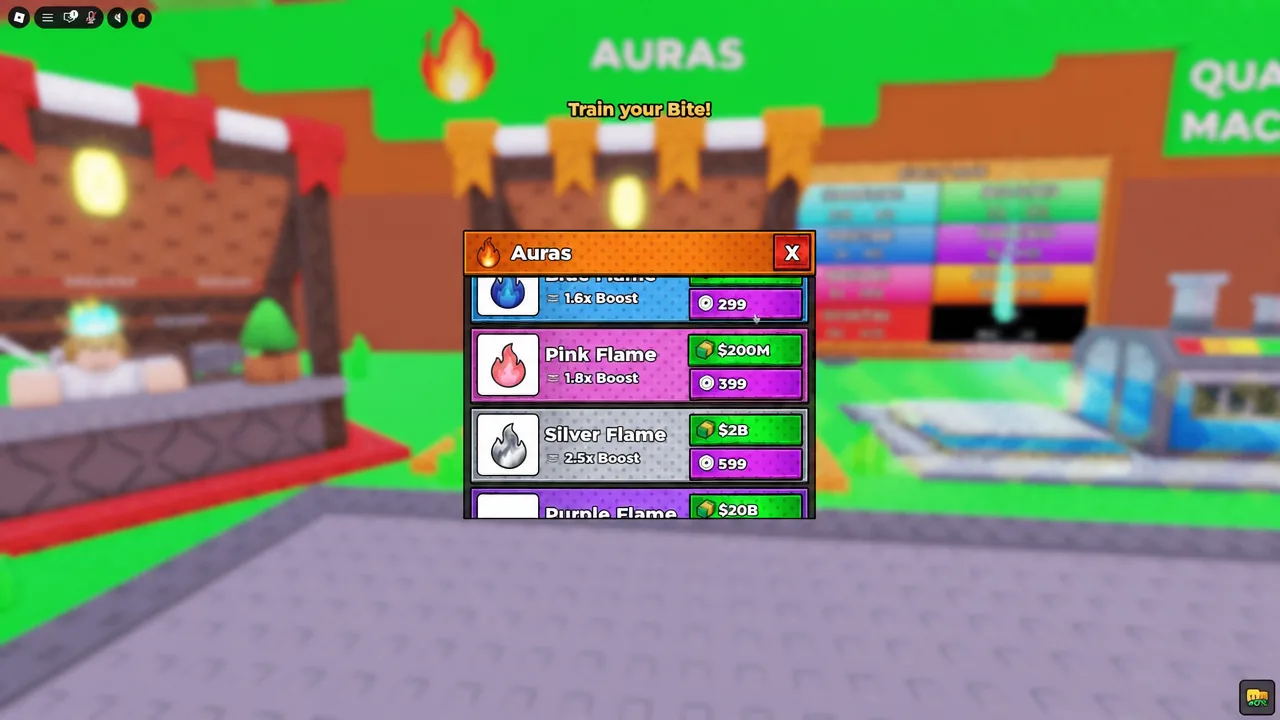 Auras menu in +1 Bite Per Click listing flame aura options and their prices
