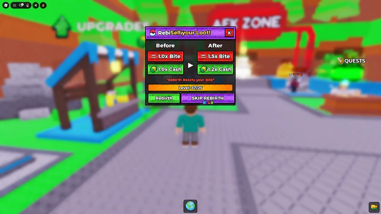 Rebirth prompt in +1 Bite Per Click showing the Rebirth button next to a Skip Rebirth option