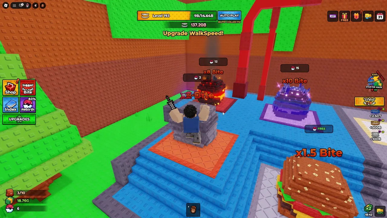 Bite screen in +1 Bite Per Click with the Bite button active and a Walkspeed upgrade prompt on screen