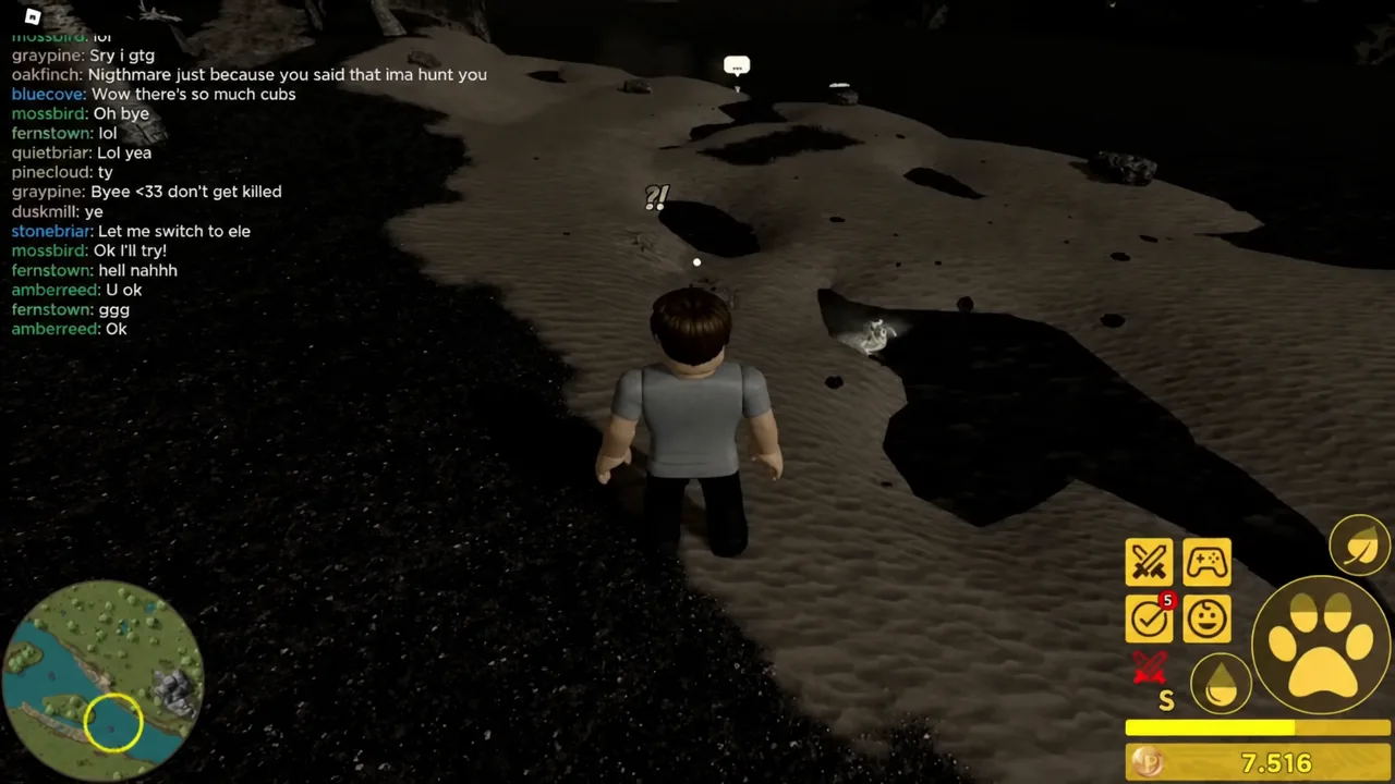 Player animal moving along a dark shoreline at night with a yellow marker on the minimap