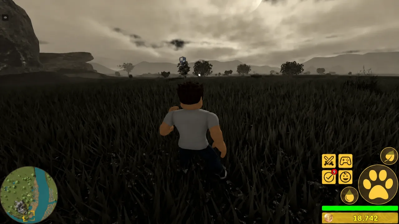 Player animal pushing through tall savannah grass with the minimap, health bar and coin counter on screen