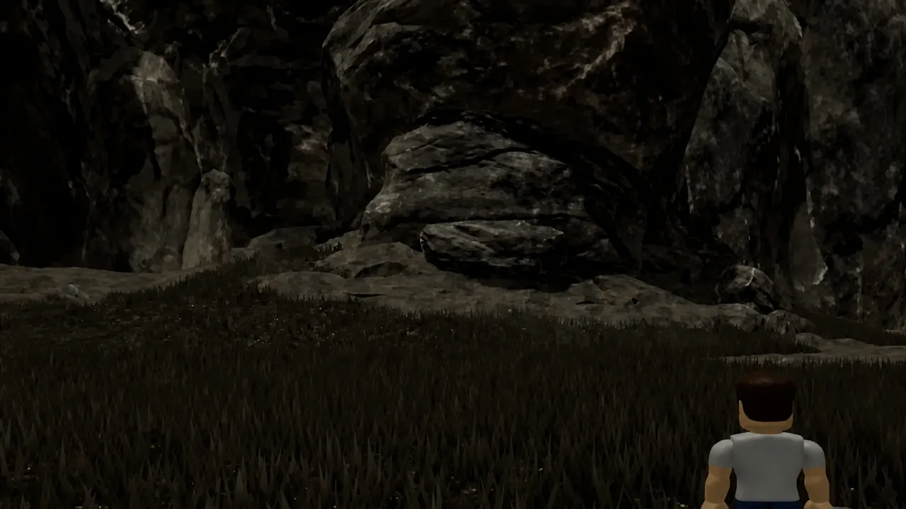 Player animal backed against a rocky cave wall with tall grass in front of it