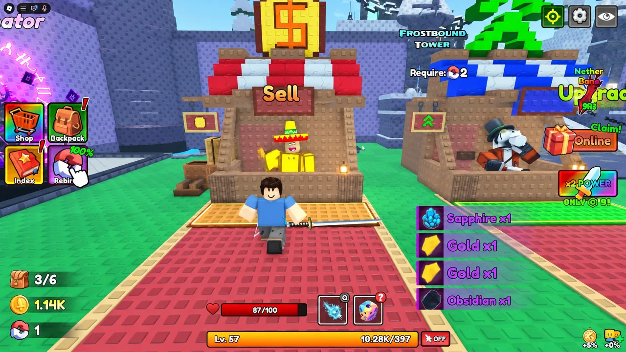 Sell stall interface with Sapphire, Gold, and Obsidian listed as items being sold for coins