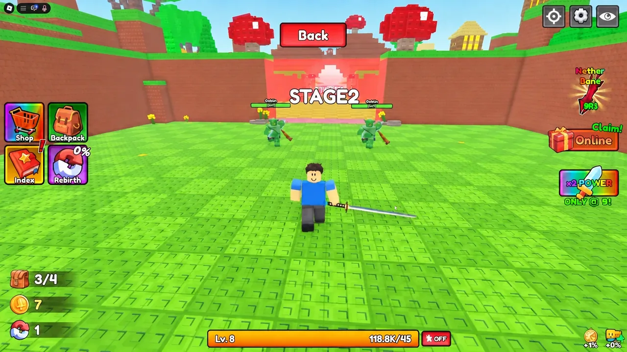Stage 2 of the dungeon with the player attacking two Goblin enemies