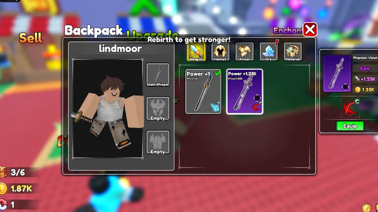 Backpack menu open on the Weapon tab with the Phantom Violet sword selected and the Equip button visible
