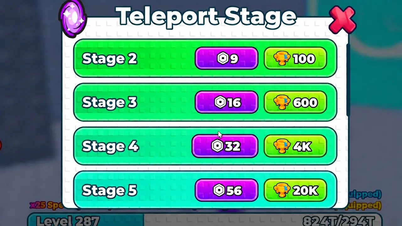 The Teleport Stage menu showing the Stage 2–5 destinations and what each one costs.