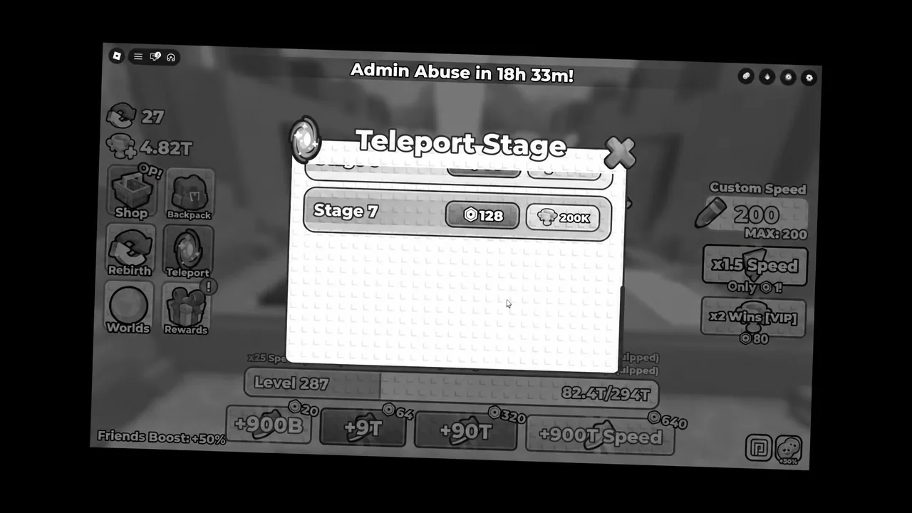 The Stage 7 row in the Teleport Stage menu, with both the Robux and Wins prices.