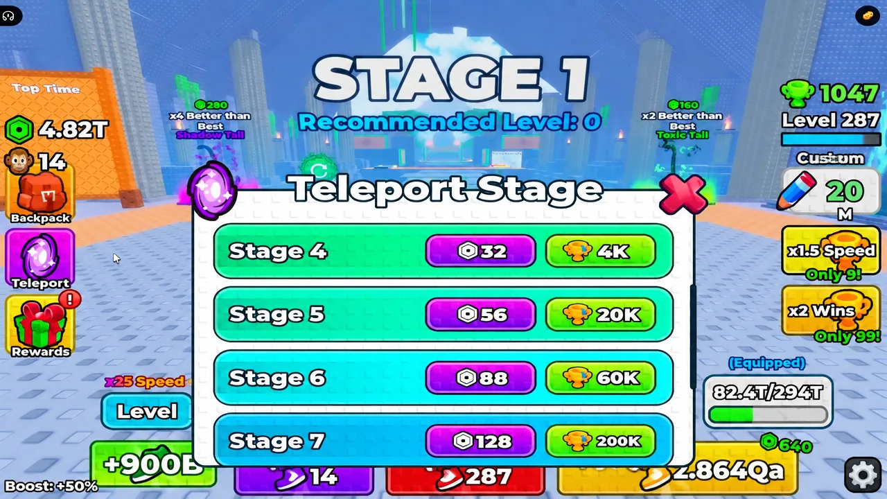 The Teleport button on the main game screen opens the stage list.