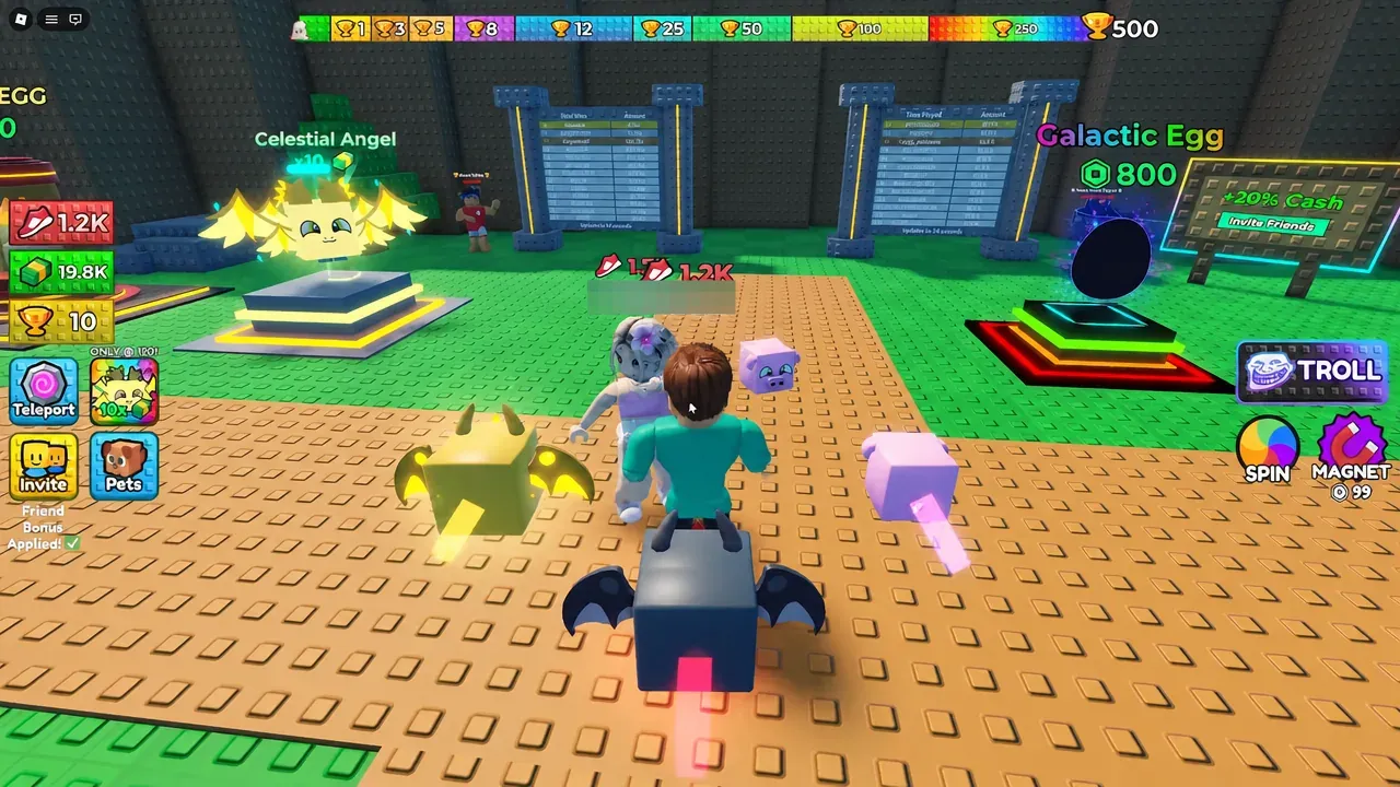 Player character speeding through the arena with equipped pets trailing behind and the TROLL button on the right