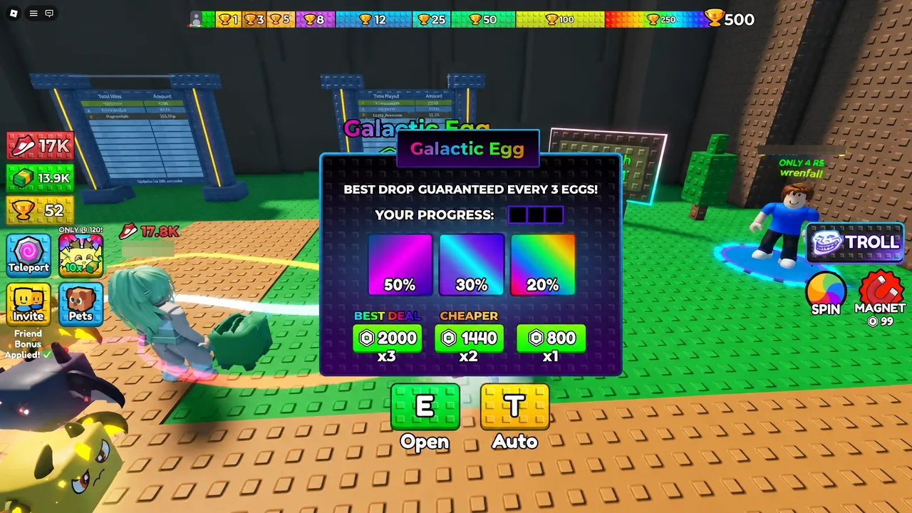 Galactic Egg purchase menu open with the Open prompt bound to E