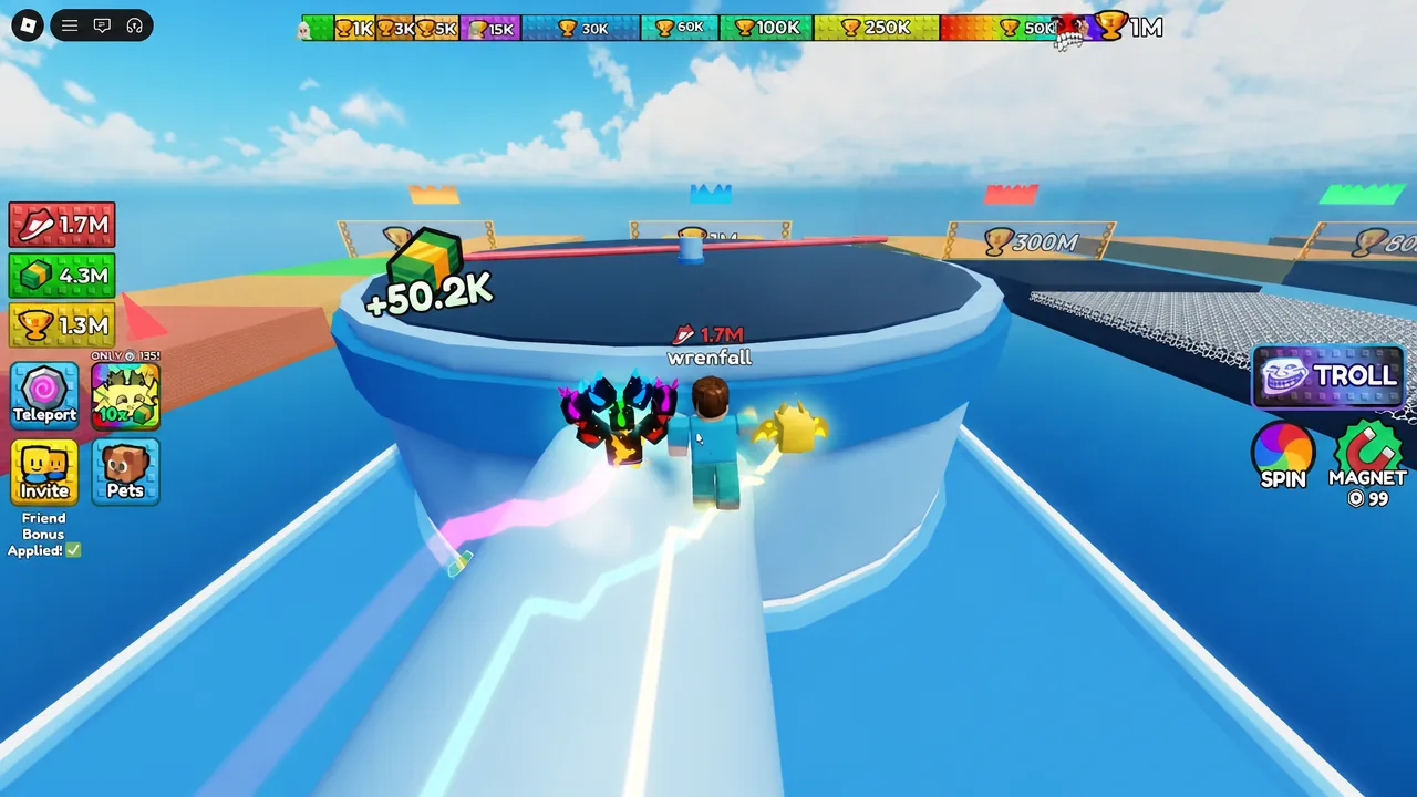 Reward popup showing plus 50.2K as the player moves toward the central arena in a new world