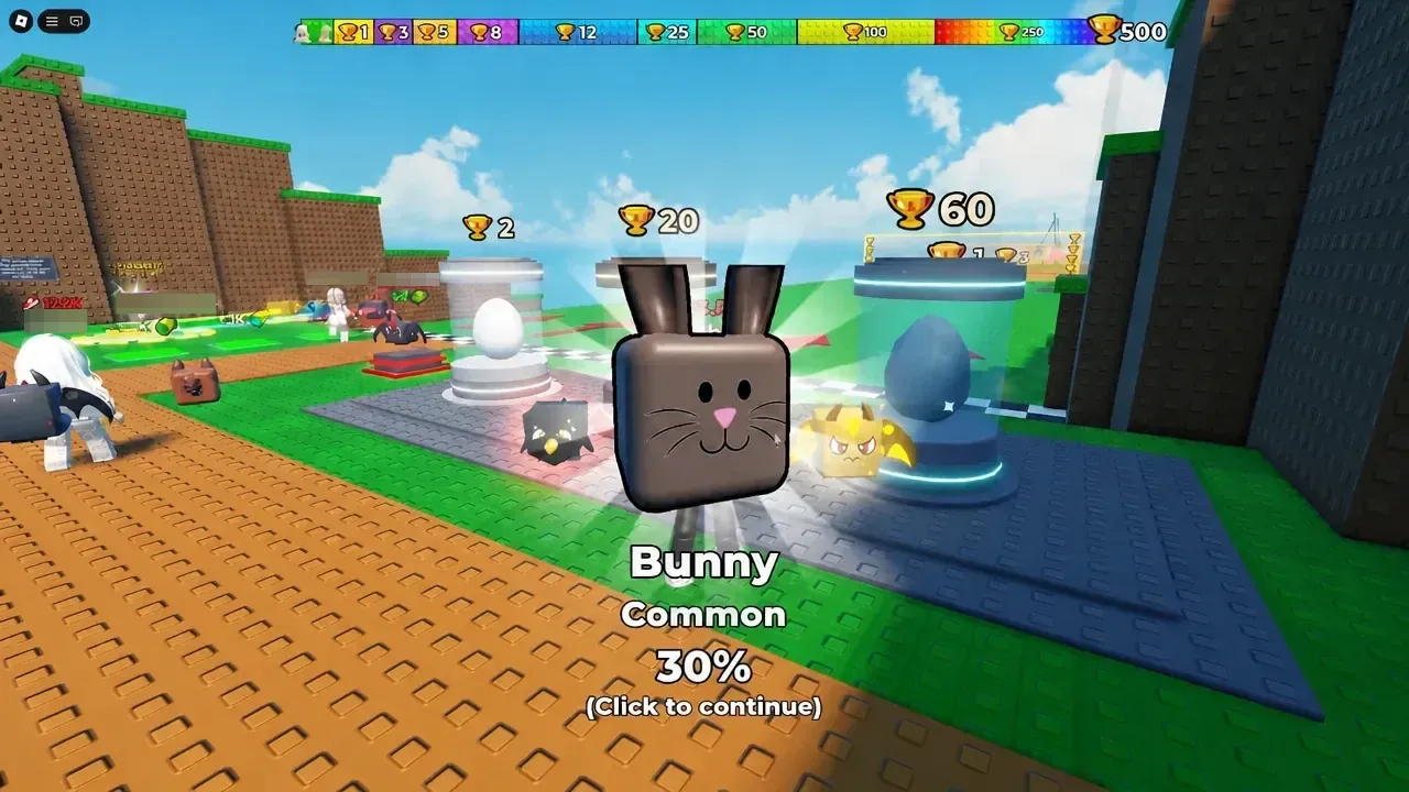 Hatch result screen showing the Bunny pet with a prompt to click to continue
