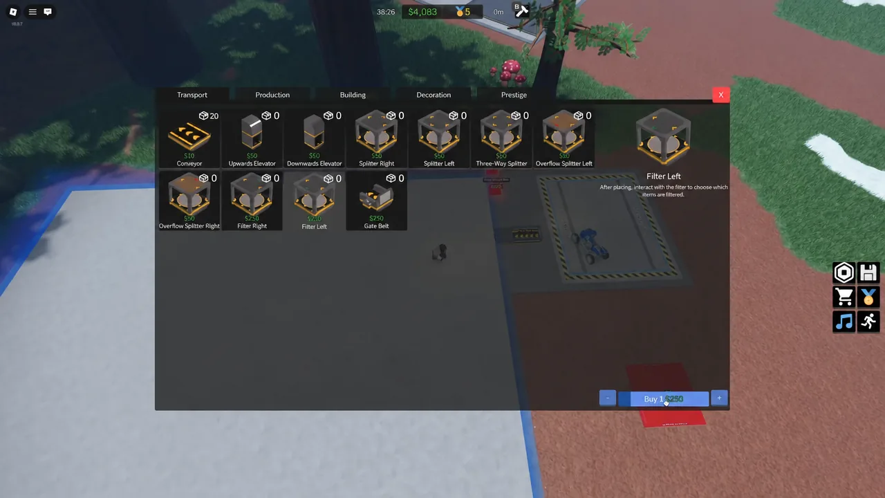 Transport menu with the Filter Left item selected before placement