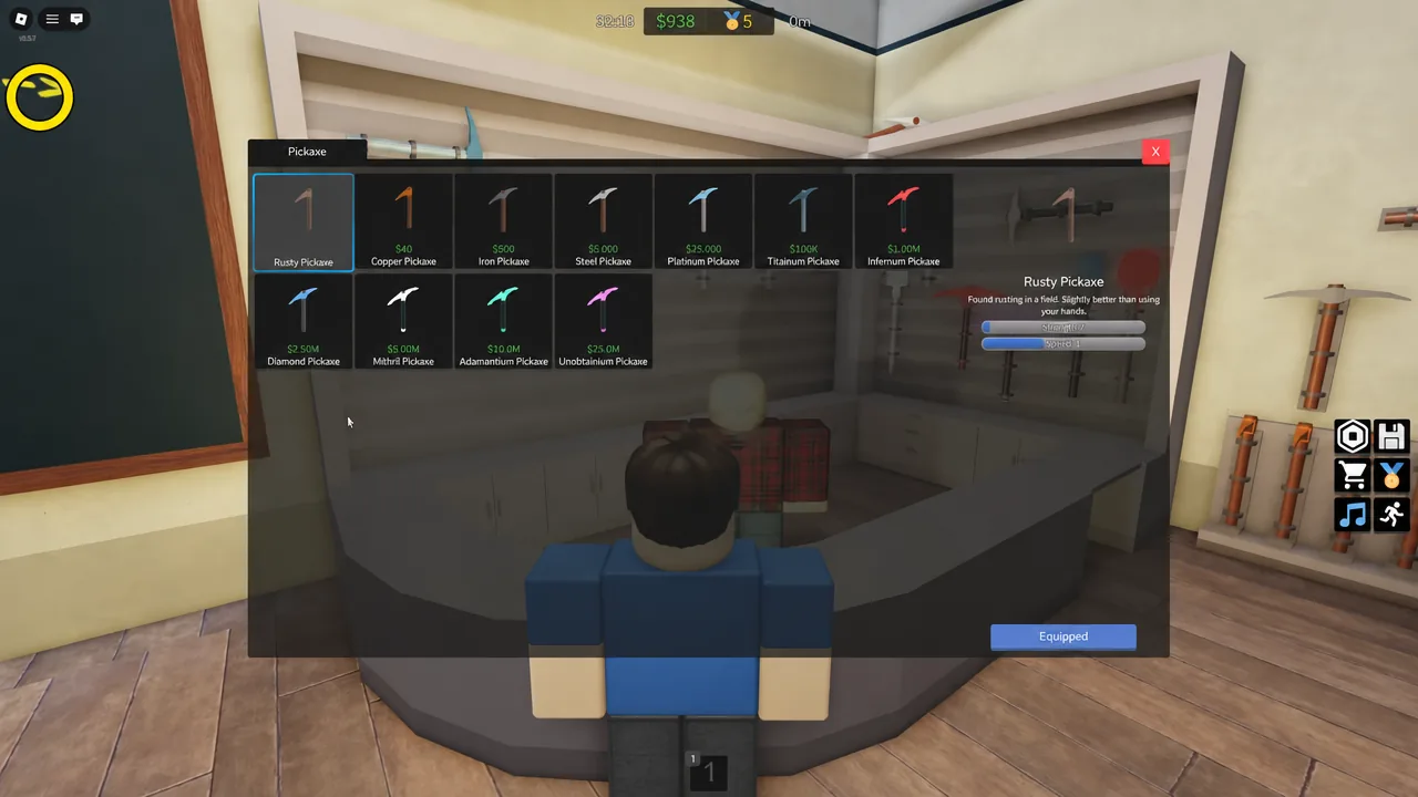 Rusty Pickaxe highlighted and equipped inside the pickaxe menu