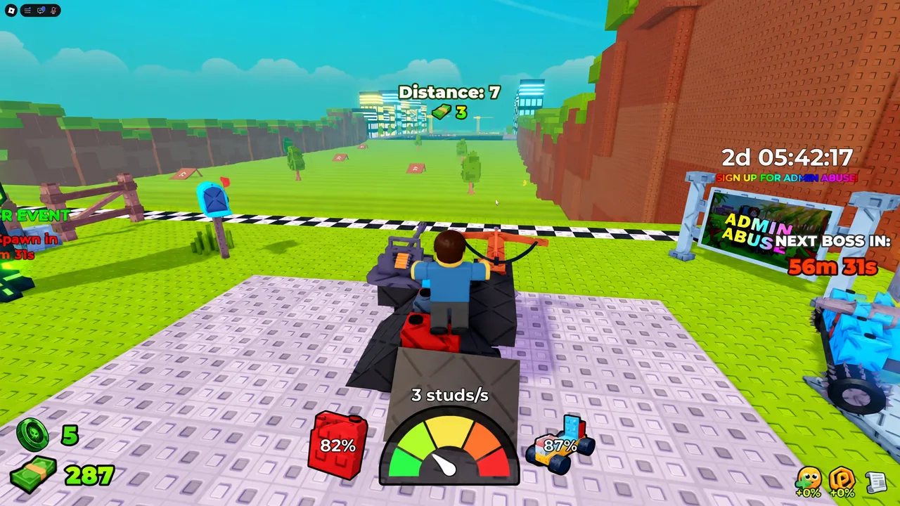 Driving view with the speed gauge reading 3 studs per second and a distance counter