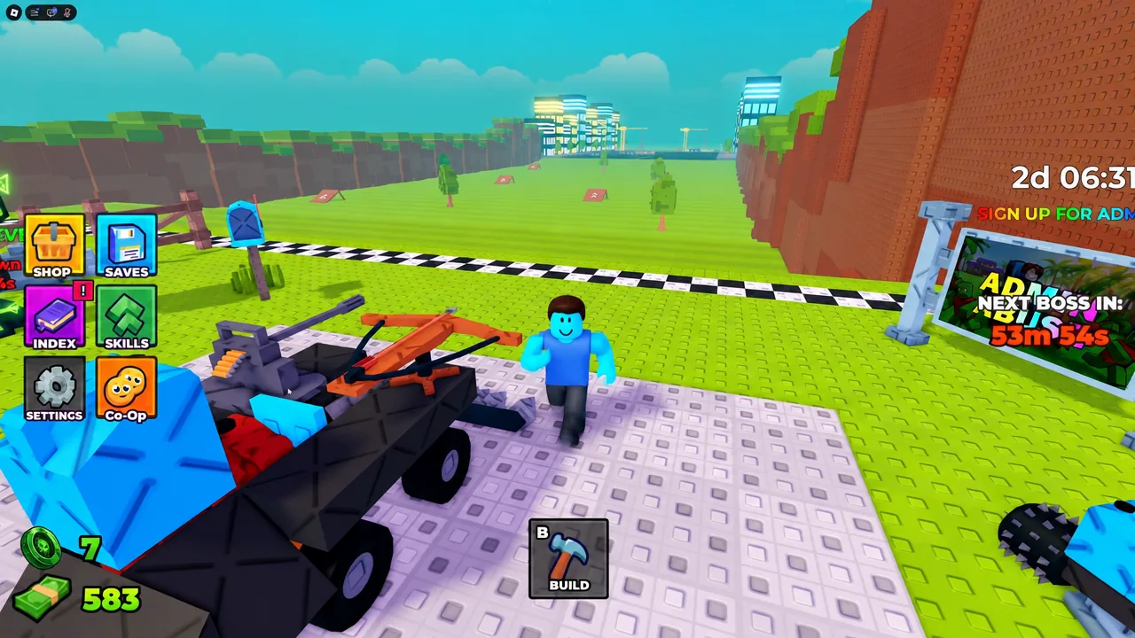 Gameplay screen highlighting the B BUILD button on the HUD