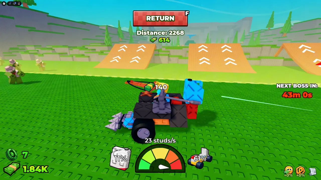 Gameplay HUD showing the RETURN (F) prompt after a run ends