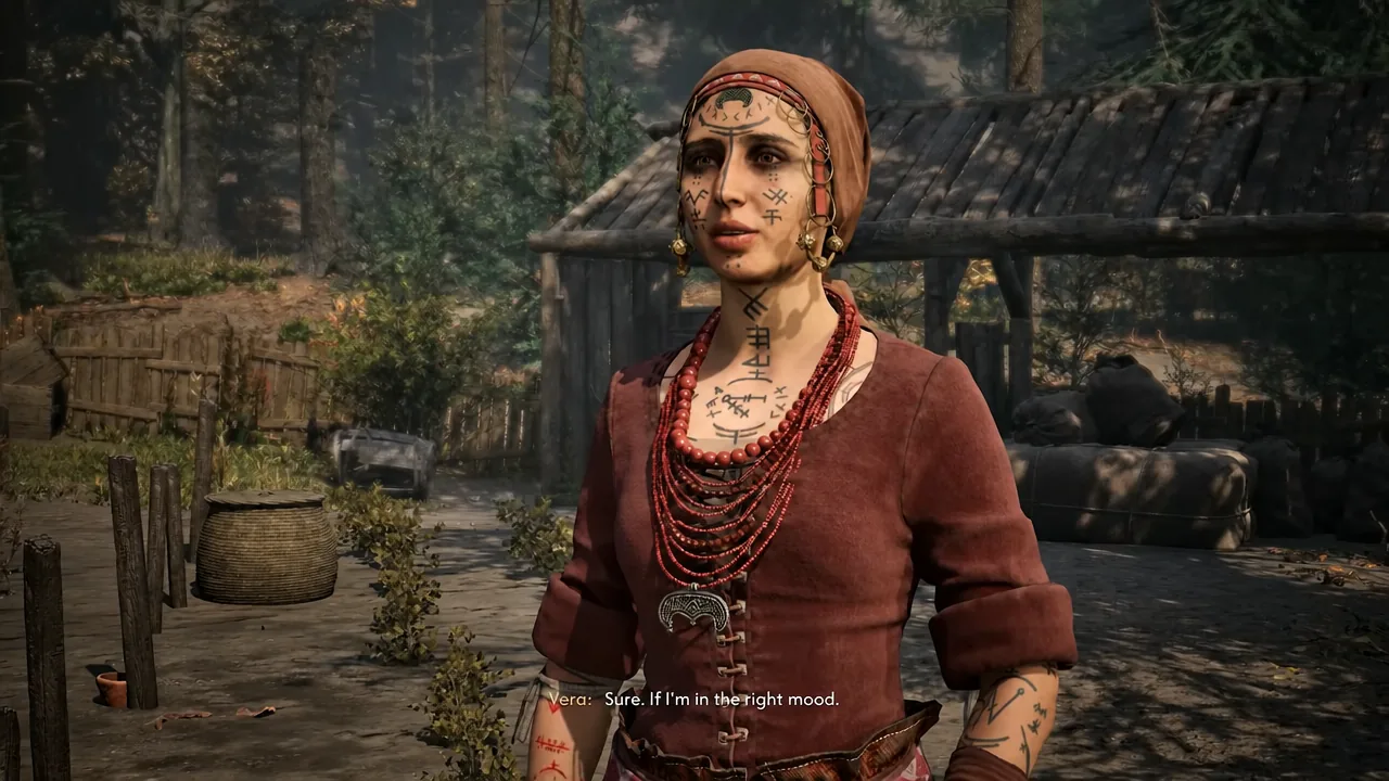 Vera speaking to Coen in a dialogue scene with the subtitle about being in the right mood