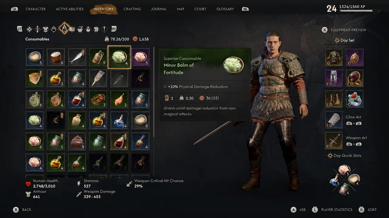 Inventory screen with the Mint Balm of Fortitude consumable selected and its effects listed