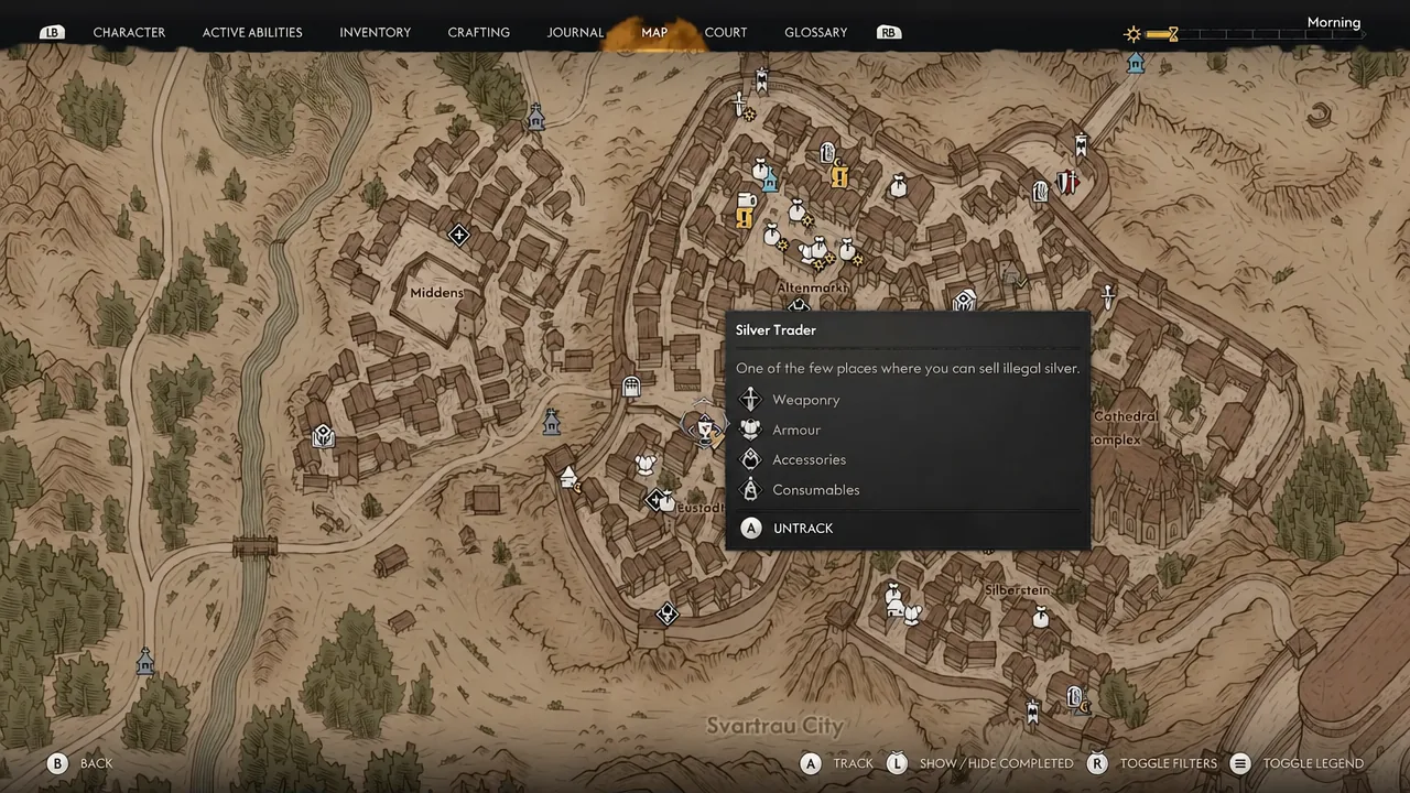 Map screen with the Silver Trader marker in Svartrau selected and its detail panel open