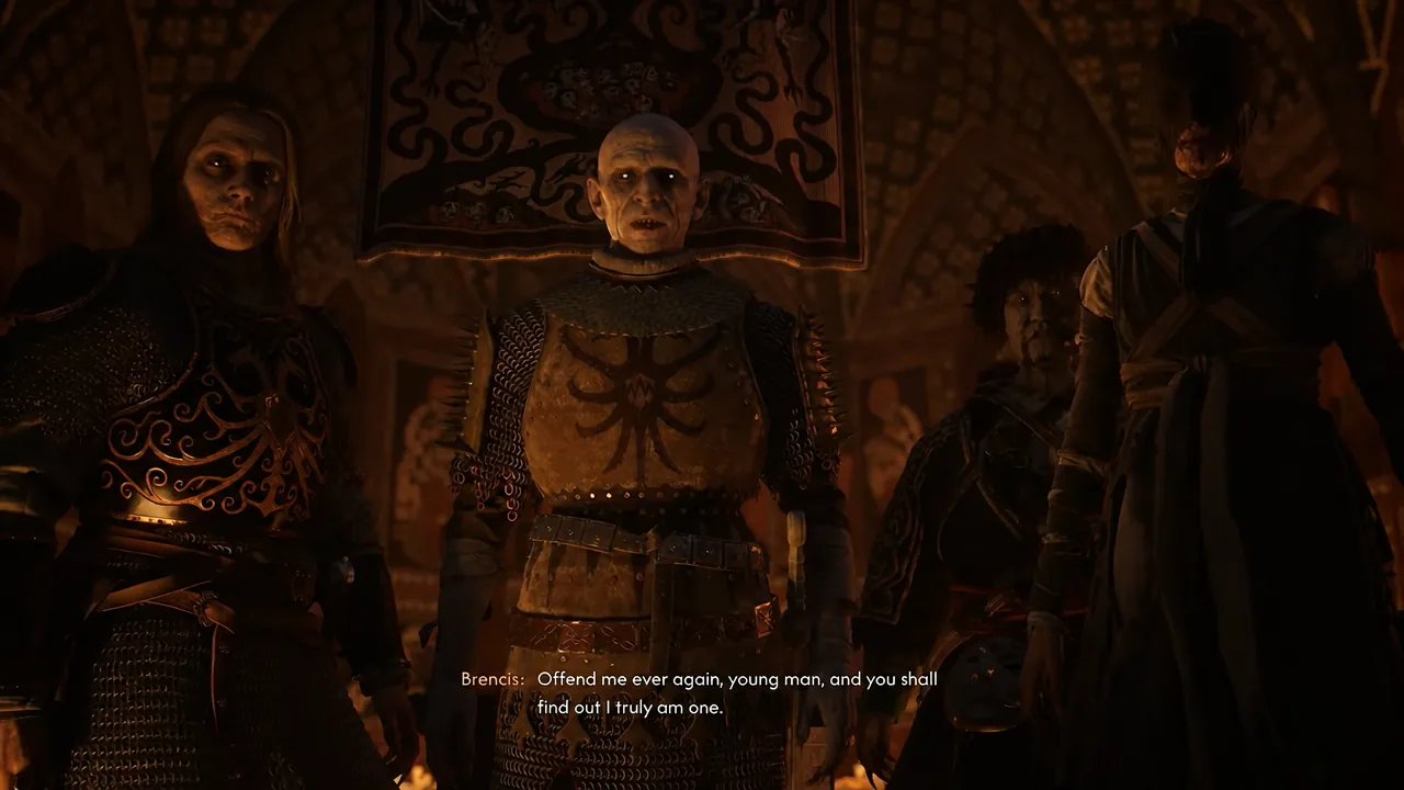 Brencis confronts Coen and his companions in a cinematic conversation with subtitles on screen