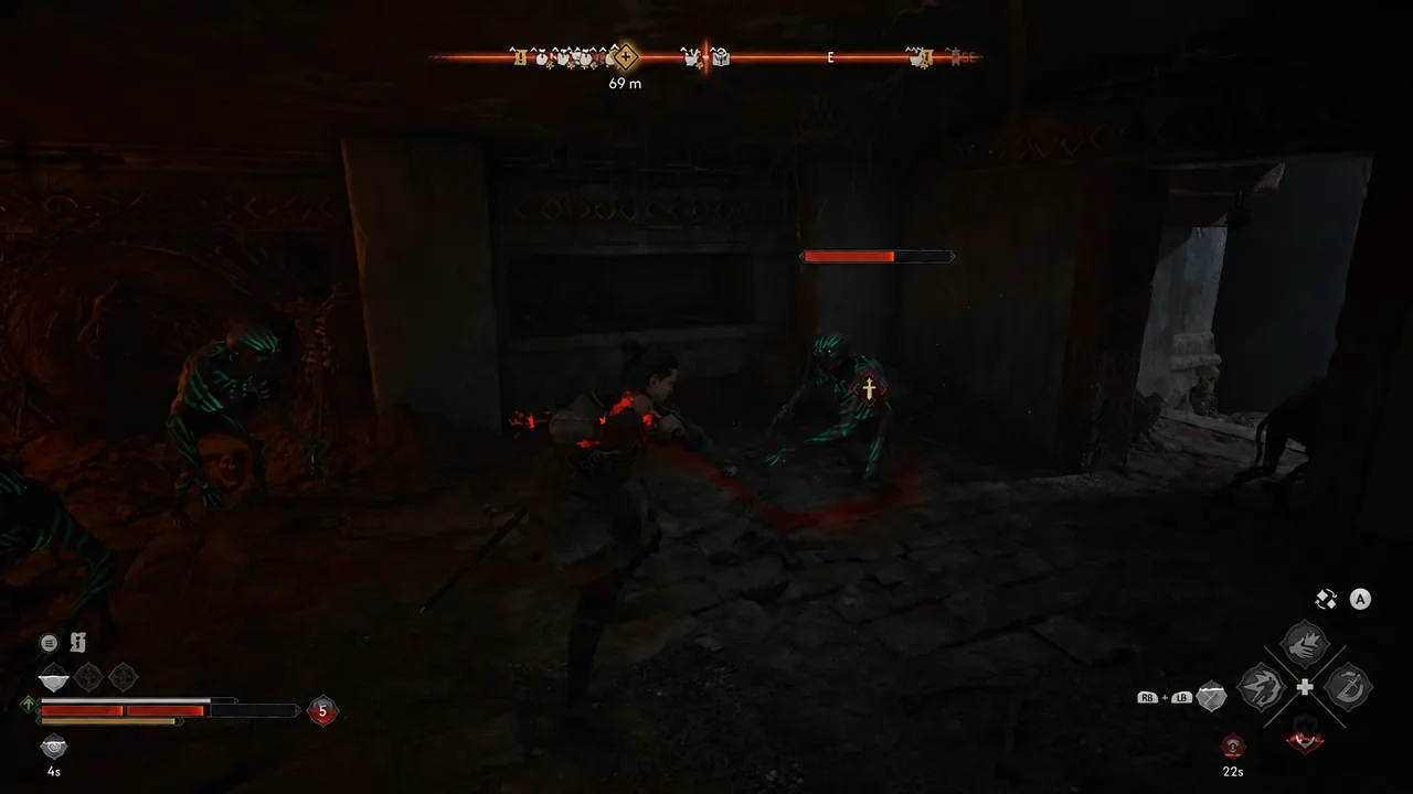 Coen strikes an undead enemy marked with a gold target icon as its health bar shows on screen